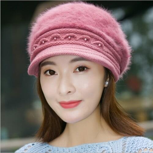 Fashion Pearl Rabbit Fur Women Hat Solid Outdoor Thick Warm Winter Spring Autumn Female Visor Hat Vintage Beret Drop Shipping