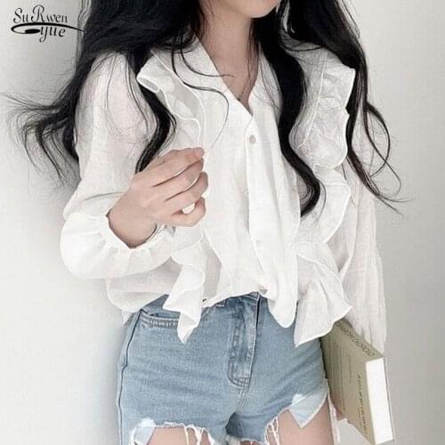 New White Shirts V-neck Ruffled Long Sleeve Womans Shirt Korean Loose Sunscreen Tops Blusas Fashion 2021 Women Blouses 15725