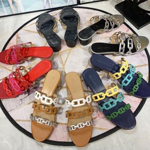 Luxury Design Mixed Colors Open Toe Women Slipper Square Heel Cow Leather Chain Women Mules Out Door Paperclip Sea Beach Slides
