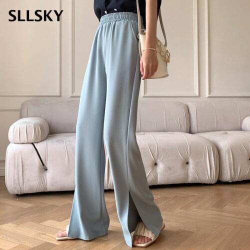 SLLSKY 2021 Summer Split Straight Pants Women Elastic Waist Loose Wide-Leg Pants Female Floor-Length Pants Casual Lady Trousers