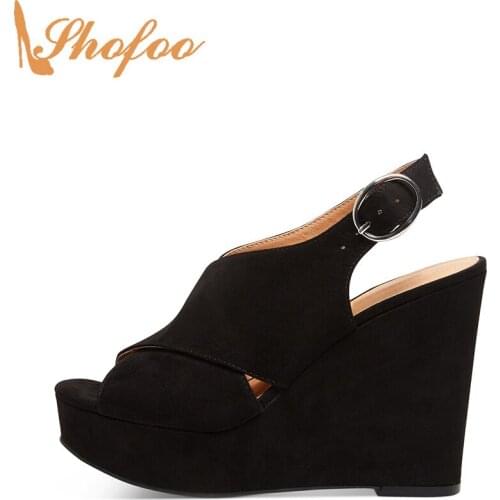Black Flock Slingback Platform High Wedge Heels Pumps Open Toe Woman Large Size 14 16 Ladies Fashion Buckle Mature Shoes Shofoo