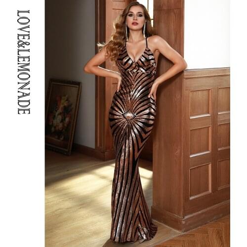 LOVE&LEMONADE Sexy V-Neck Open Back Geometric Sequins Fishtail Shape Dinner Maxi Dress LM99069