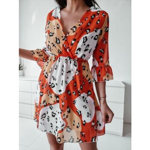Fashion Pullover High Waist A-Line Dress Summer autumn Loose Stitching Lotu Leaf Middle Sleeve Leopard Print Dress Women Vestido