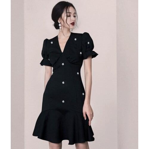 2021 New Vintage Diamonds Summer Dress Women Sexy V Neck Puff Sleeve High Waist Ruffles Mermaid Dresses For Female Fashion