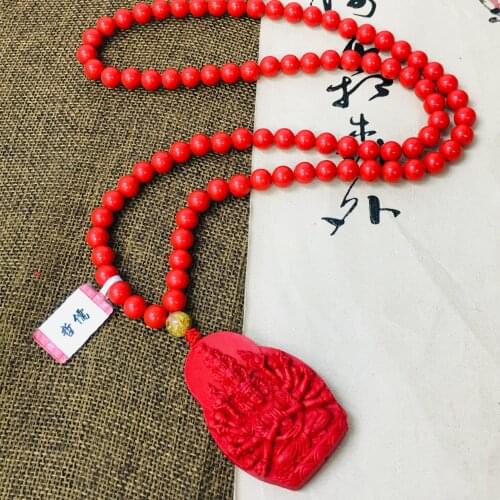 Zheru natural cinnabar carved red thousand hand Guanyin pendant with a bead necklace exquisite men and women sweater chain