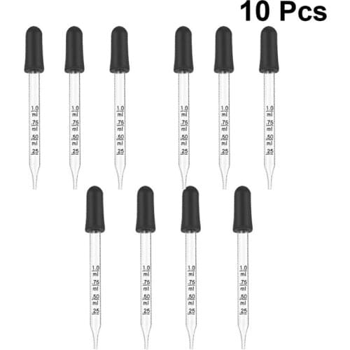 10Pcs Glass Droppers Rubber Head Scale Pipette Dropper for School Home (1ml, Straight Head, Scale, Plastic Tube Packaging)