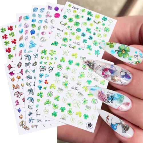 3D Laser Nail Art Sticker Slider Holographic Lucky Clover Ginkgo Green Leaves Gel Polish Manicure Nails Accessories SACL037-052