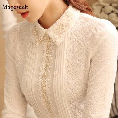 Elegant Plus Size Women Fashion Womens Tops and Blouses White Lace Flower Blouse Shirt Long Sleeve Women Shirts Blouse 812B 50