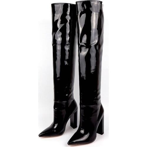 Patent PU Leather Women Over the Knee Boots Fashion Pointed Toe Square High Heel Ladies Thigh Boots Slip on Women Nightclub Shoe