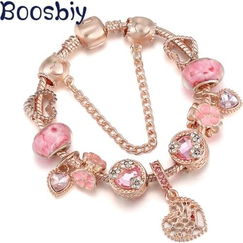 Rose Gold Color Love Tree Pendant Charm Bracelet With Pink Flower Beads DIY Brand Bracelet For Women Jewelry Gift New Arrival