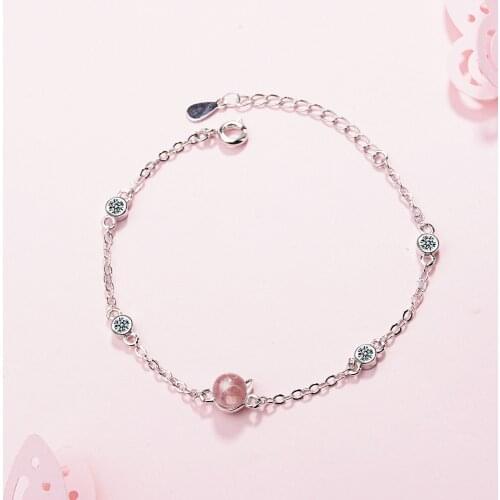 Fine 925 Sterling Silver Sweet Strawberry Crystal Pink Cat Female Adjustable Size Bracelets for Women Girls Jewelry Gifts SB114