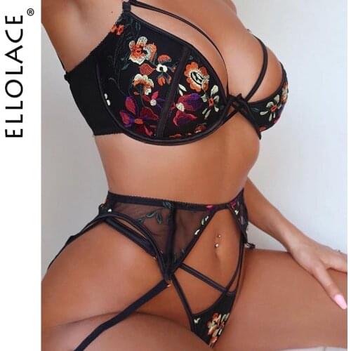 Ellolace Lingerie Sexy Underwear Floral Embroidery Erotic Push Up Underwire Bra and Panty Set Lace Fancy Intimate with Graters