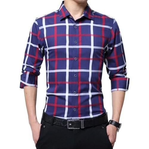 Men Long Sleeve Business Shirt 2020 Spring New Male Social Classic Cotton Korean Fashion Plaid Dress Shirt Red White Chemise 5XL