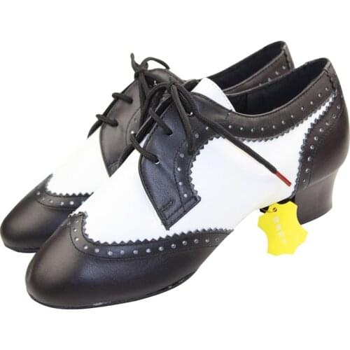 TOP Dance Shoes Latin Shoes Modern Black White Patent Men Cowhide Two-point Sole Authentic Bag BD 441 High Quality Shoelace