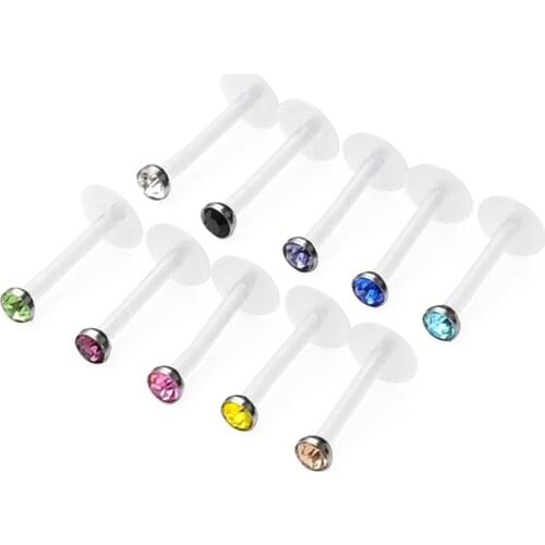 10Pcs Bioplast Flexible Acrylic Lip Studs Set Sparkly Push Cartilage Body Piercing Mixed Color Body Piercing Jewelry Lip Ring