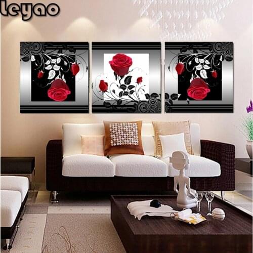3 Pieces Set Red Rose Diamond Painting Home Wall Decor Triptych Full Square/Round Drill Handcrafts