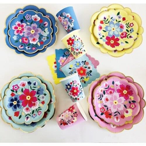 Flower Pattern Disposable Tableware Set Disposable Paper Tray Straw Cup Multi-color Wedding Birthday Party Supplies