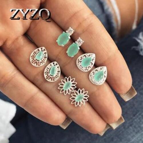 ZYZQ 4-piece Stud Earrings Set Bohemian Flower Earrings For Women Geometric Hollow Drop-Shaped Crystal Brincos