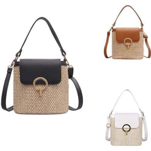 Small Straw Bucket Bags for Women Summer Crossbody Bags Lady Travel Purses and Handbags Female Shoulder Simple Bag