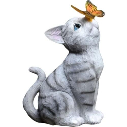 New Garden Statue Balcony Cute Cat Decoration Solar Furnishings Ornament Led Butterfly Lamp Home Decor Sculptures