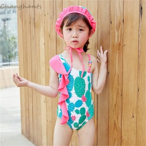 1-8 Y Girls One Piece Swimsuit Green Cactus Print Kids Swimwear Children Bathing Suits Baby Sandy Beachwear Sunny Swim Pool Suit