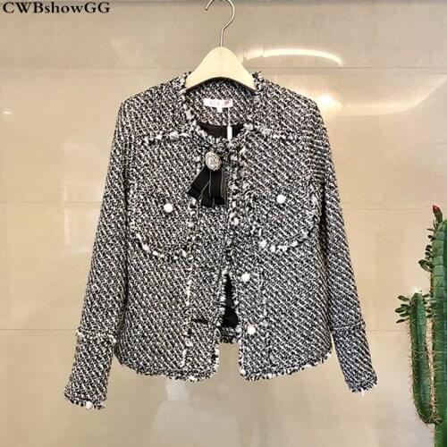 CWBshowGG Spring new small fragrance ladies tweed tassel short coat beaded diamond Single-breasted patchwork loose wool coat