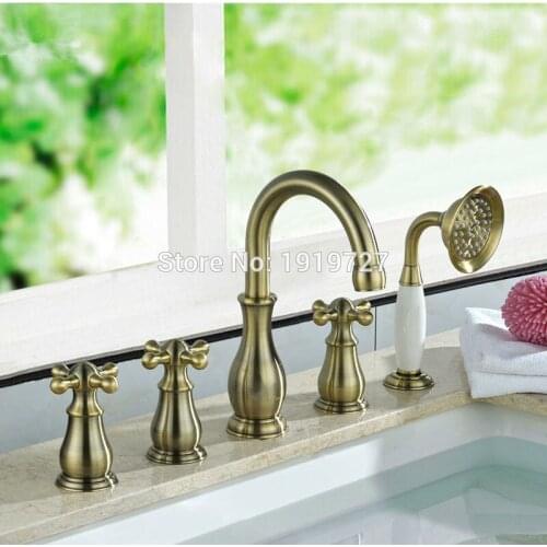 Vidric Bathtub Sink Classic Gooseneck Water Outlet Faucet Shower Deck Mount Brushed Bronze Bath Tub Mixer Tap With PullOut HandH