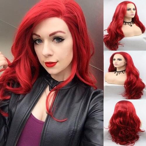 Melody Hot Red Color Lace Front Wigs For Women Mermaid Long Body Wave Haircut Heat Resistant Fiber Synthetic Wigs Side Part 24"