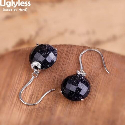 Uglyless Faceted Crystals Earrings for Women Noble Dark Blue Sand Stones Bincos Bijoux Vintage Dress Jewelry 925 Silver Earrings
