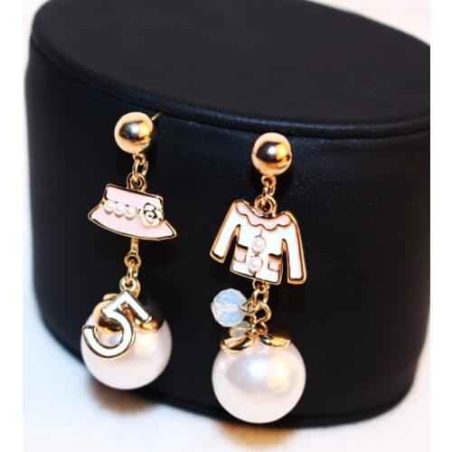 Women Lrregular Hat Coat Earring Real Rose Gold Letter 5 Earring Female Party Fine Pearl Earring