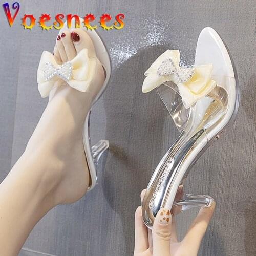 2021 Summer Outside Slippers Sweet Crystal Butterfly-Knot Women Shoes Temperament Transparent Thin High Heels Wedding Sandals