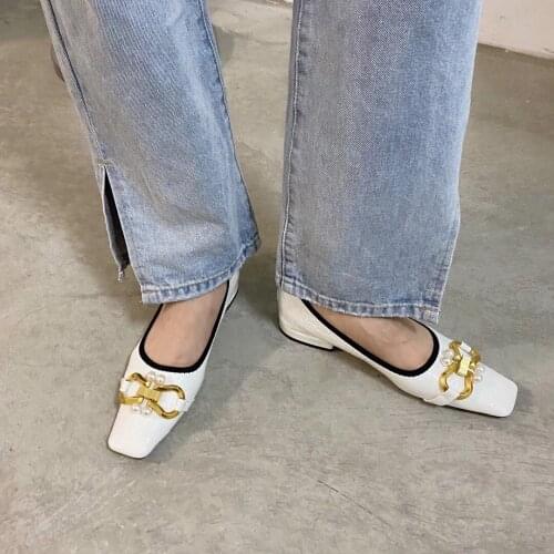 Fashion Women Flats Square Toe Shallow Slip On Mules Shoes Metal Design Fashion Gold/Black/White Casual Flats Heeled Size 35-39