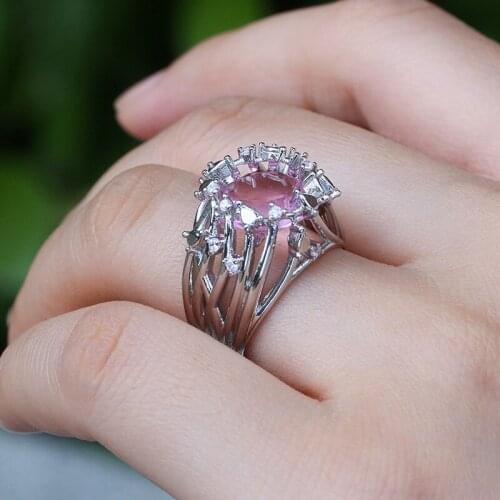 USTAR New Irregular Branch Pink Cubic Zirconia Finger Rings for women Shiny Crystals silver color Rings Female Anel