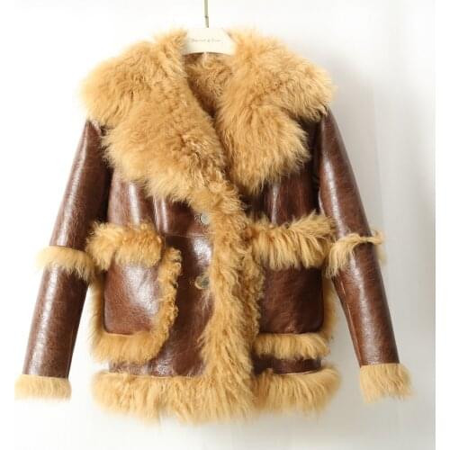 2020 winter womens casual loose boyfriend large size craquelur crack Turkey sheep fur pilot biker jacket coat