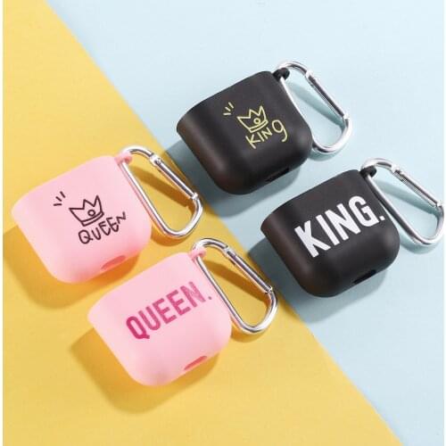 King Queen Couple Case for Airpods 1 2 Case Painted Soft Silicone Airpods Cover Bluetooth Earphone Case With Hook Lovers Case