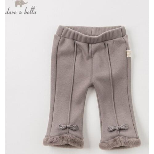DBJ11909-2 dave bella winter baby girls fashion solid bow pockets pants children full length kids pants infant toddler trousers