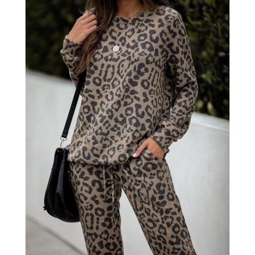 Sexy Two Piece Set Sexy Leopard Long Sleeve Loose Top And High Stretch Pencil Pant Set Women Two Piece Outfits