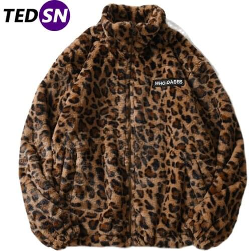 Hip Hop Lambswool Sherpa Jacket Mens Streetwear Leopard Pattern Stand Cardigan Coats Winter Harajuku Loose Couple Coats Outwear