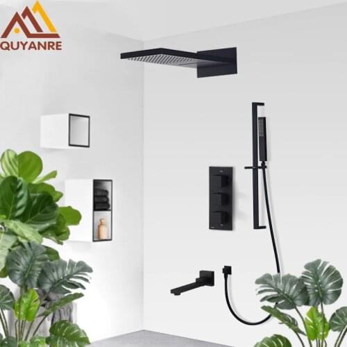 Quyanre Matte Black Thermostatic Shower Faucet Rain Waterfall Shower With Slide Bar 4-way Thermostatic Mixer Swivel Spout Shower