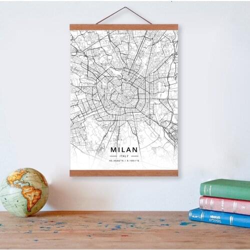 Milan, Italy City Map Wooden Framed Canvas Painting Home Decor Wall Art Print Pictures Poster Hanger