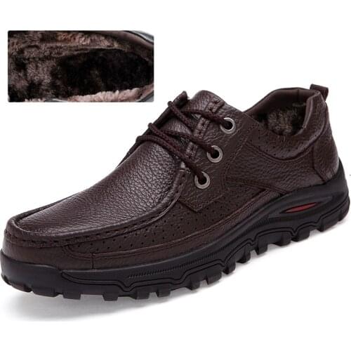 AGSan Genuine Leather Men Casual Shoes High Quality Office Shoes Classic Handmade Business Shoes Winter Plush Flats 38-48 Laceup