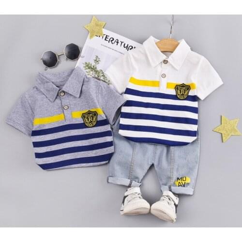 New Arrivals In 2020 Boys Polo Shirt Suit Short Sleeve Top Jeans Set Gentleman Badge Striped Sailor Suit Baby Clothes Set 0-4y