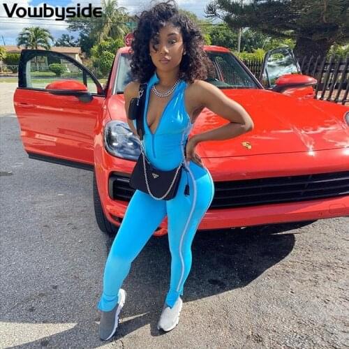 Womans Spring New Sexy Solid Color Sleeveless Zipper Neckline Slim Fit Jumpsuit Romper Playsuit