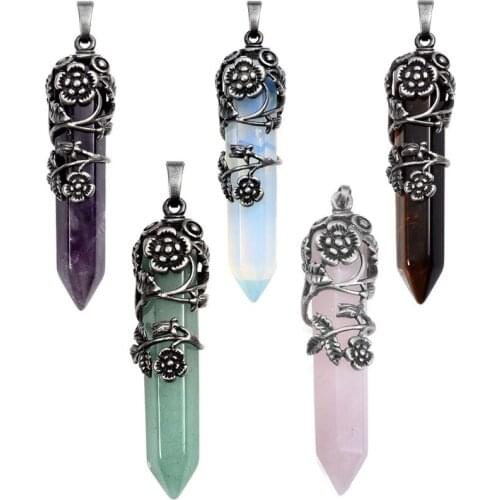 Flower Wrapped Natural Rose Quartz / Black Agate / Amethyst/ Tiger Eye Stone/ Opalite/ Green Aventurine Healing Crystal Necklace