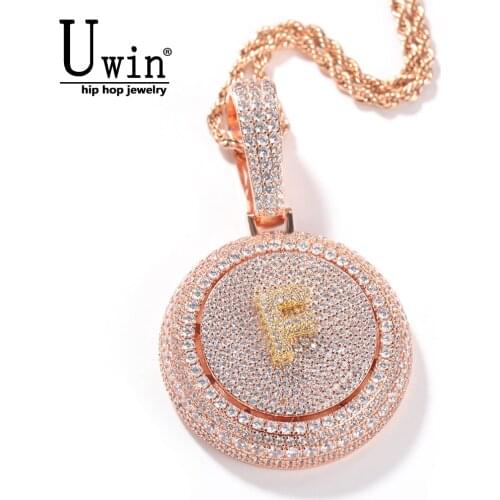 Uwin Round Name Necklace Rotatable Initial Letters Round Pendant Full Iced Out CZ Hiphop Jewelry Best Gift
