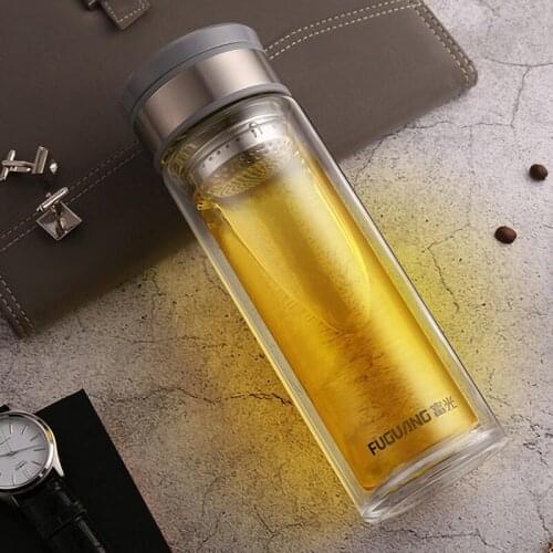 Portable Double-layer Thickened Glass Cup with Filter Heat-resistant Tea Cup Stainless Steel Water Bottle with Lifting Loop