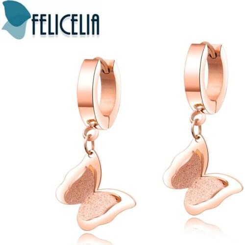 Felicelia Butterfly Design Stainless Steel Dangle Earrings For Women Rose Gold Color Earrings Frosted Elegant Jewelry, Drop-Ship