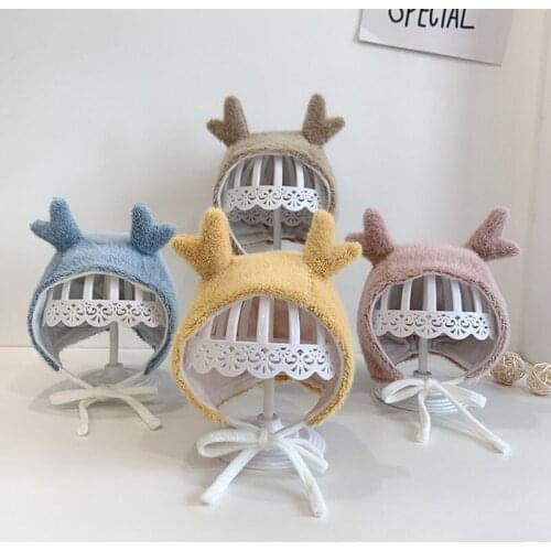 Cartoon Antlers Baby Hat Soft Plush Autumn Winter Warm Kids Bonnet Cap Solid Color Newborn Infant Caps