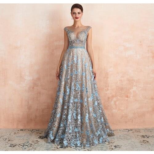 A-Line Evening Prom Dresses O Neck Cap Shoulder Luxury Sequined Beading Crystal Apppliqued Lace 2020 Long Party Gowns