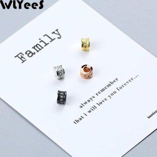 WLYeeS 4pcs White zircon flat Round cylinder Copper Spacer beads 6mm Pave CZ Metal Charm Loose beads Jewelry bracelet making DIY